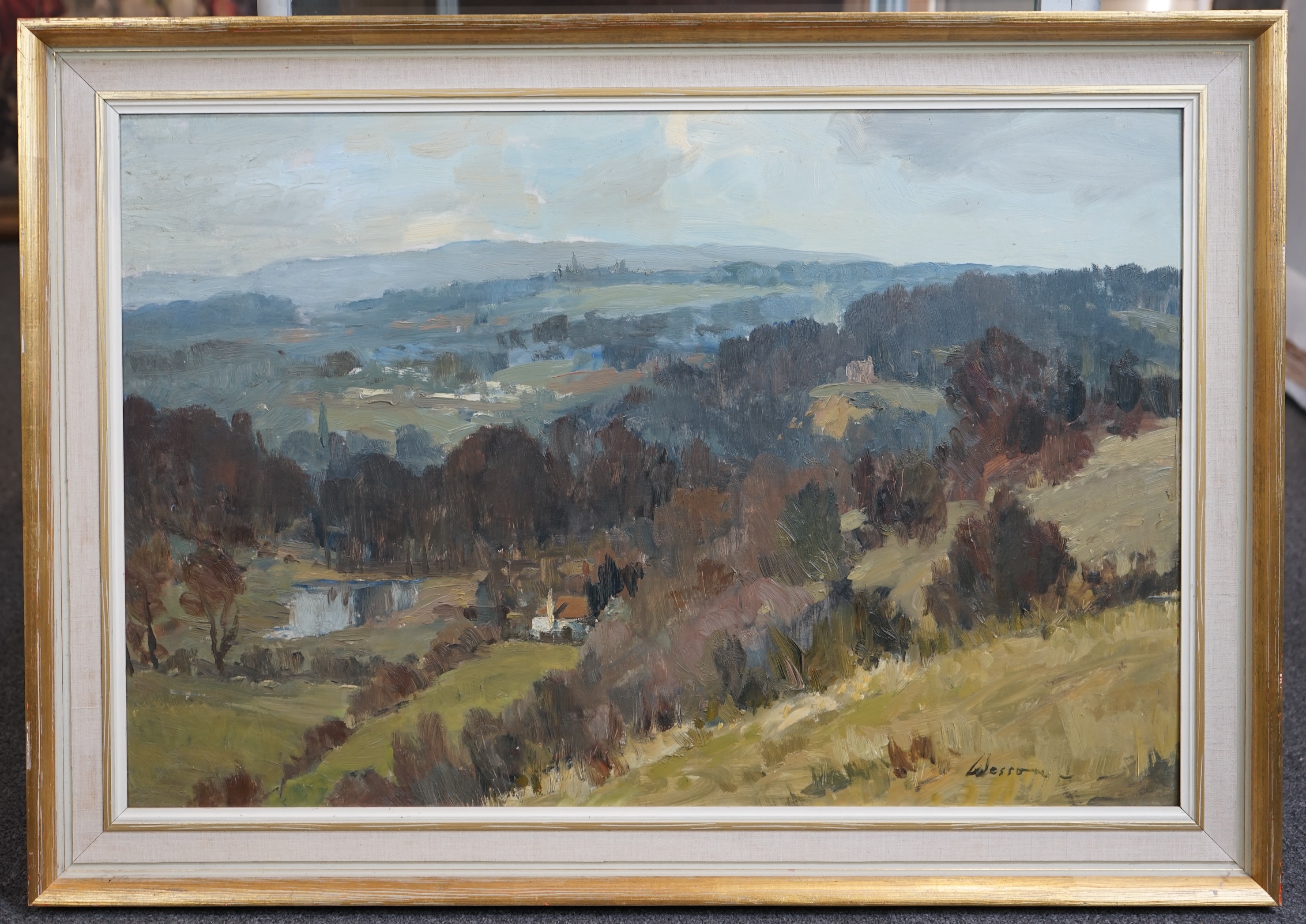 Edward Wesson RI RSMA (British, 1910-1983), 'The Chantries from Pewley Hill', oil on board, 50 x 75cm